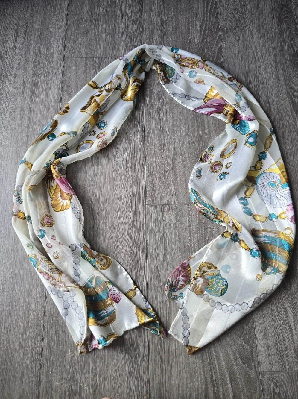 Satin Stripe Oblong Scarf Nautical Seashell Pearl Jewel Print Cream Gold Long